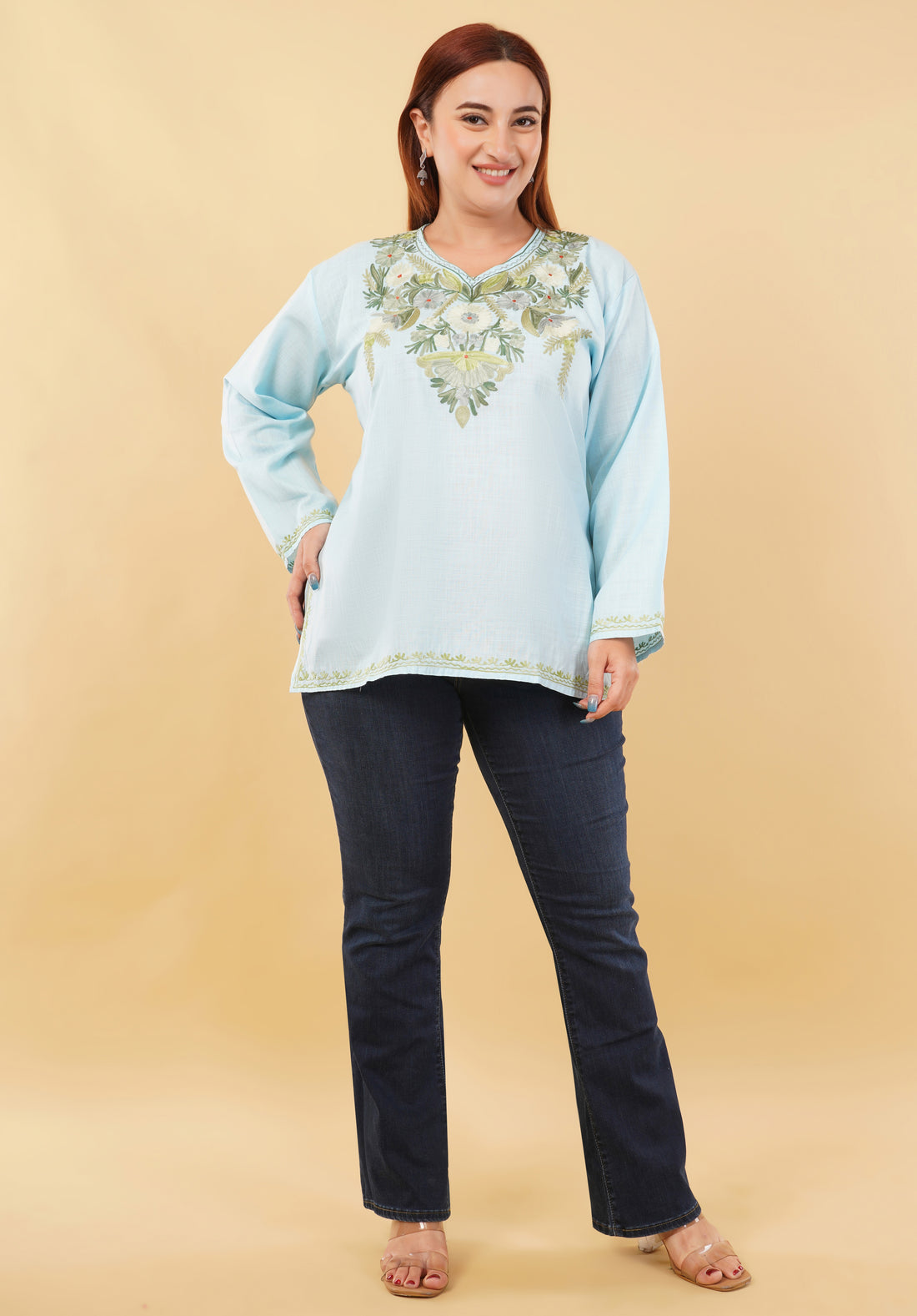 Kashmiri Aari embroidery Cotton Short Kurti Size-46 (Sky Blue)