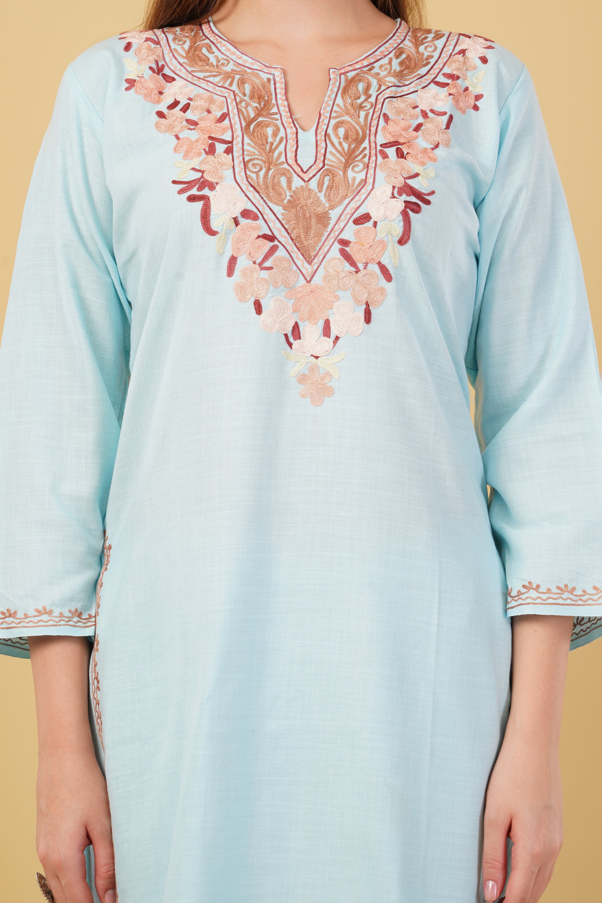 Kashmiri Aari embroidery Cotton Co-ord set Size-42 (Sky Blue)