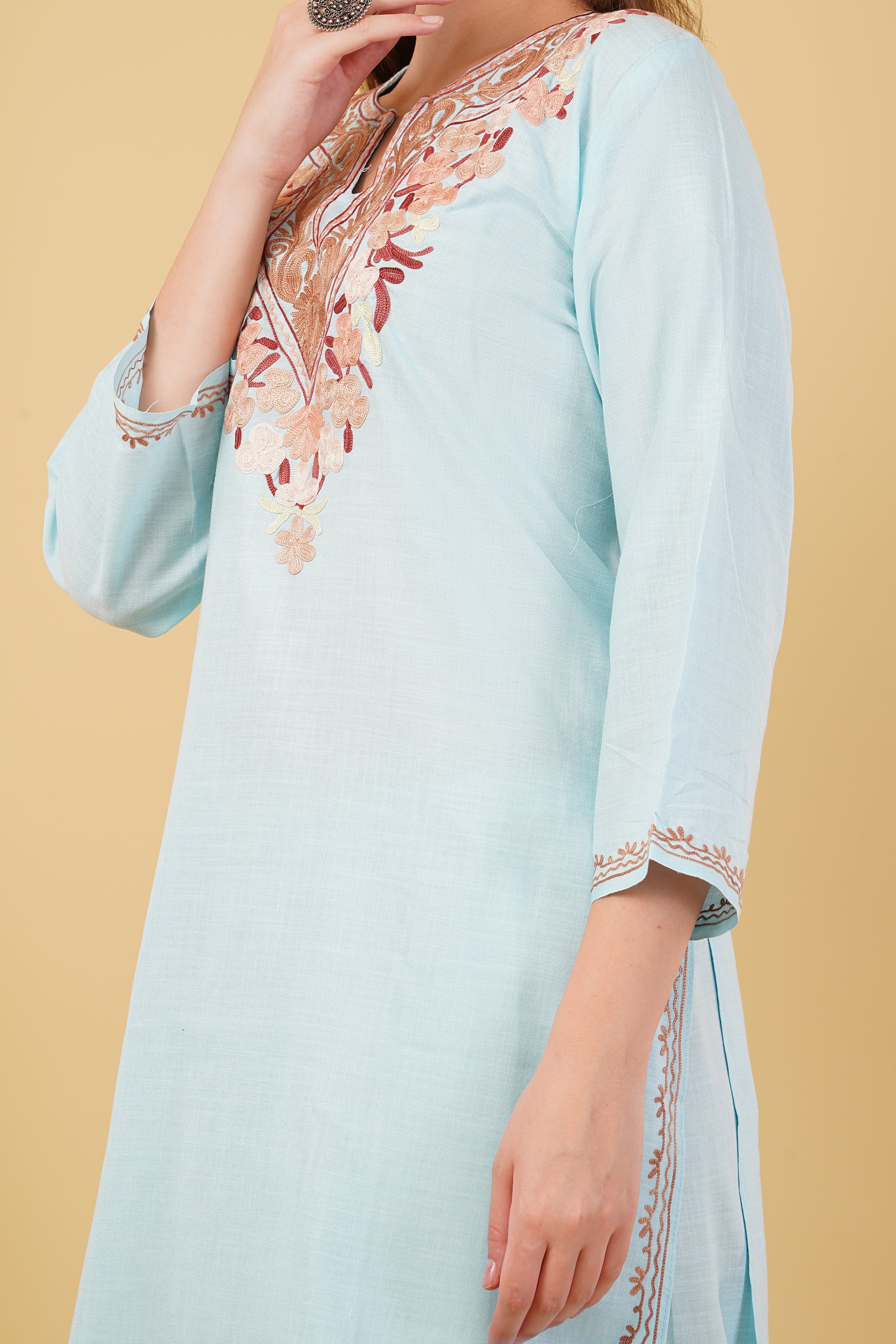 Kashmiri Aari embroidery Cotton Co-ord set Size-42 (Sky Blue)