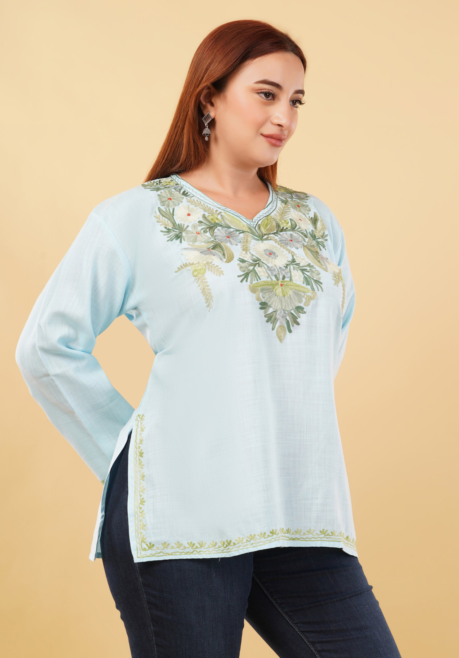 Kashmiri Aari embroidery Cotton Short Kurti Size-46 (Sky Blue)