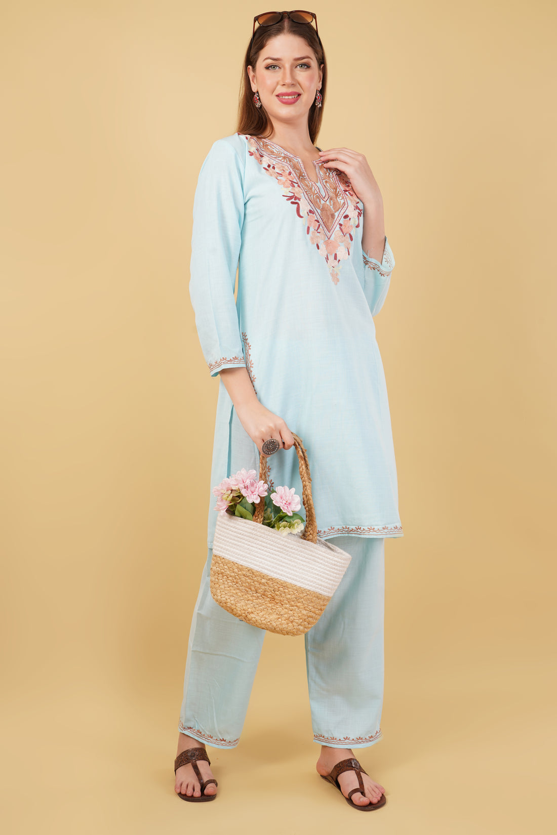 Kashmiri Aari embroidery Cotton Co-ord set Size-42 (Sky Blue)