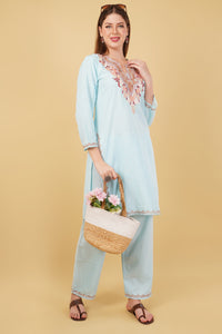 Kashmiri Aari embroidery Cotton Co-ord set Size-42 (Sky Blue)