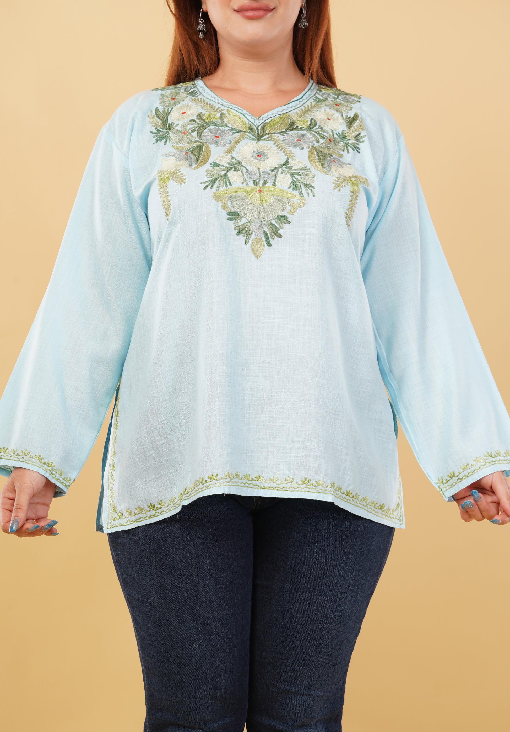 Kashmiri Aari embroidery Cotton Short Kurti Size-46 (Sky Blue)