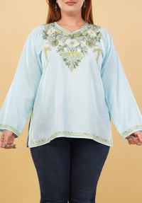 Kashmiri Aari embroidery Cotton Short Kurti Size-46 (Sky Blue)