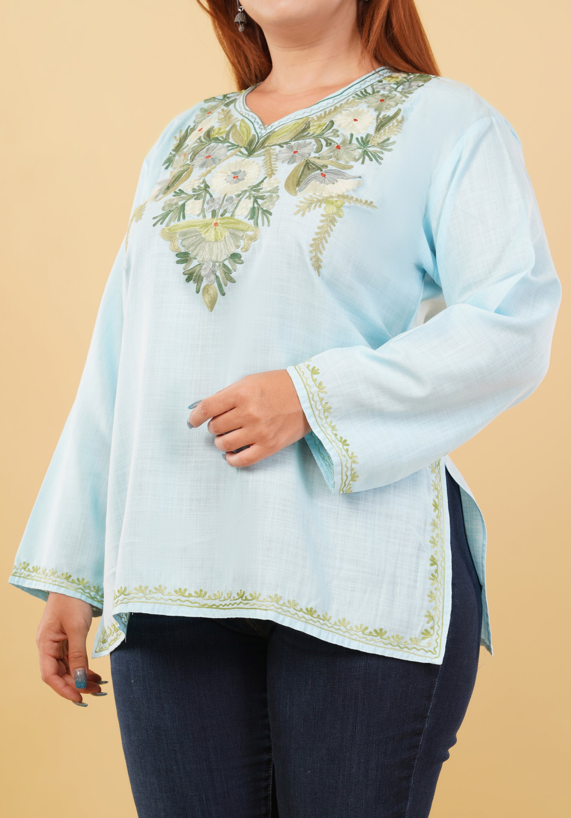 Kashmiri Aari embroidery Cotton Short Kurti Size-46 (Sky Blue)