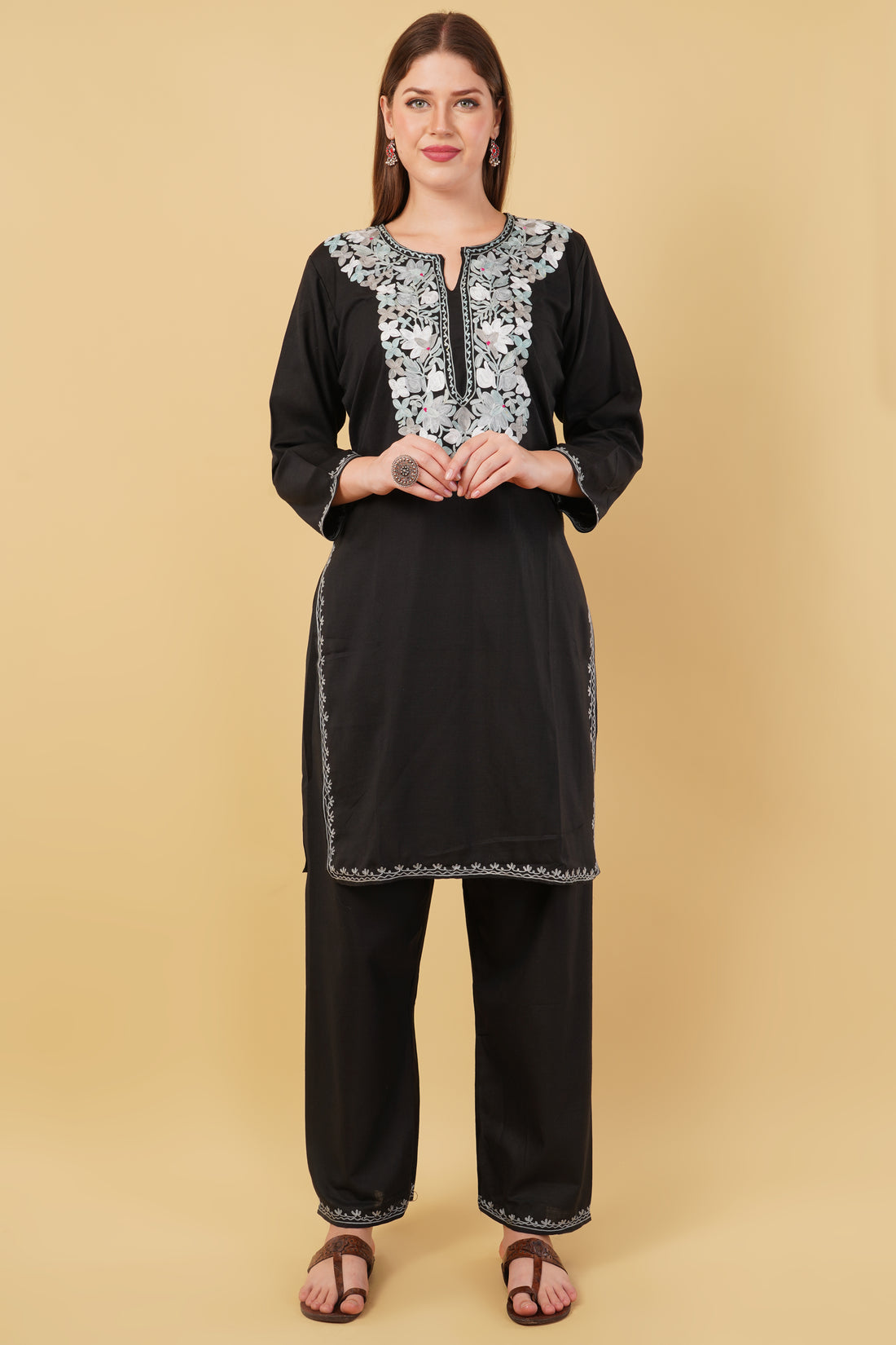 Kashmiri Aari embroidery Cotton Co-ord set Size-42 (Black)