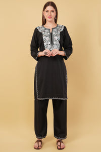Kashmiri Aari embroidery Cotton Co-ord set Size-42 (Black)
