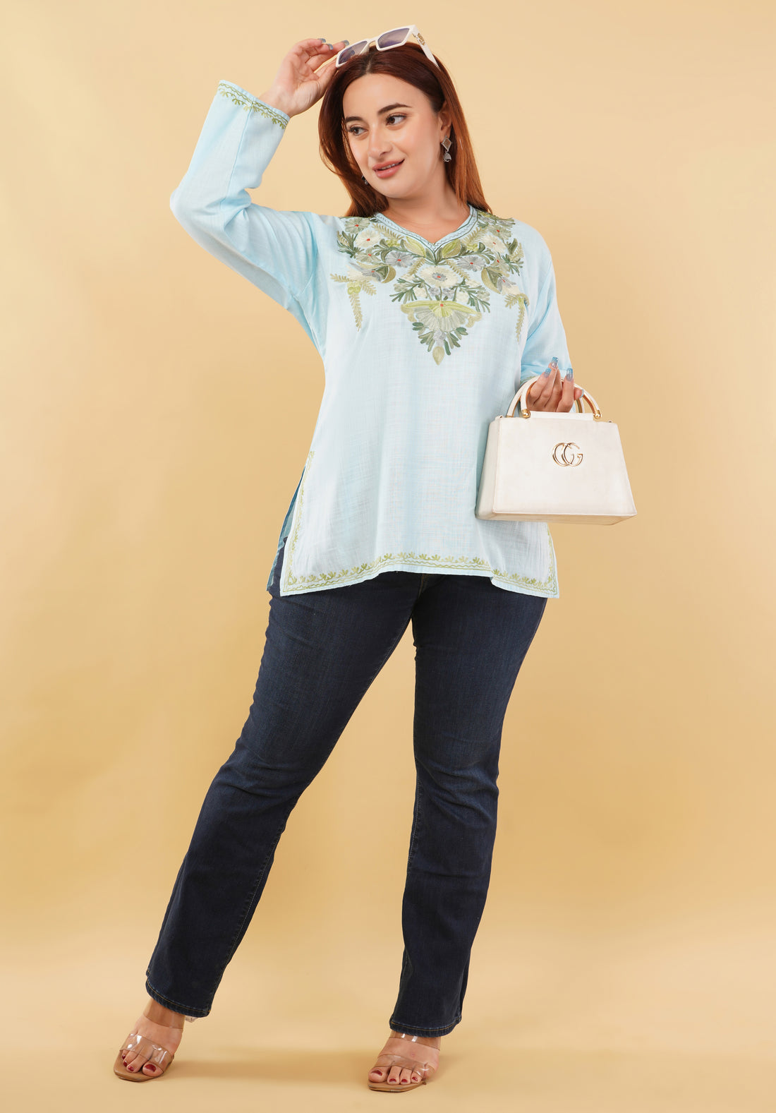 Kashmiri Aari embroidery Cotton Short Kurti Size-46 (Sky Blue)