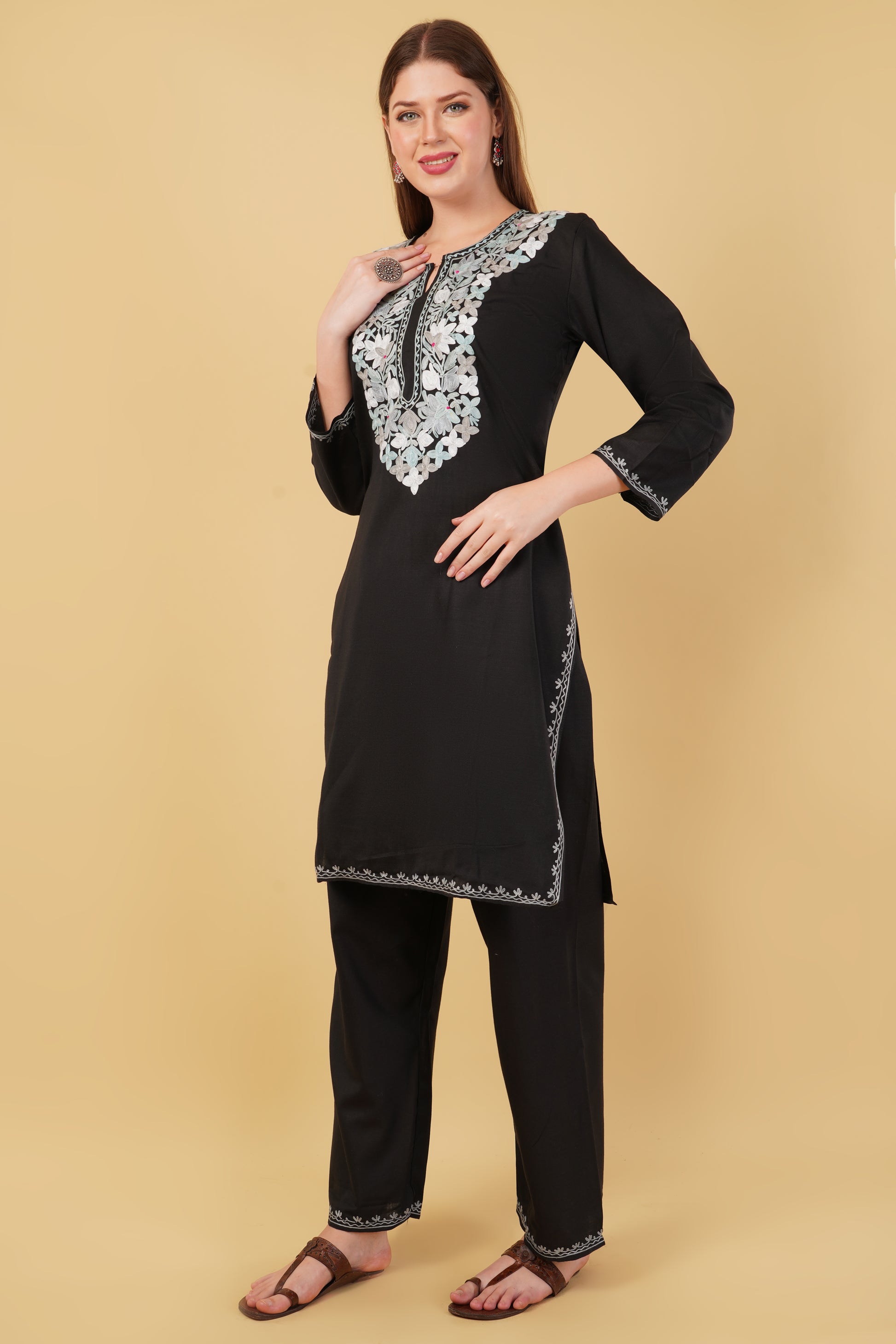 Kashmiri Aari embroidery Cotton Co-ord set Size-42 (Black)