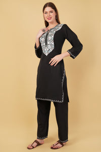 Kashmiri Aari embroidery Cotton Co-ord set Size-42 (Black)