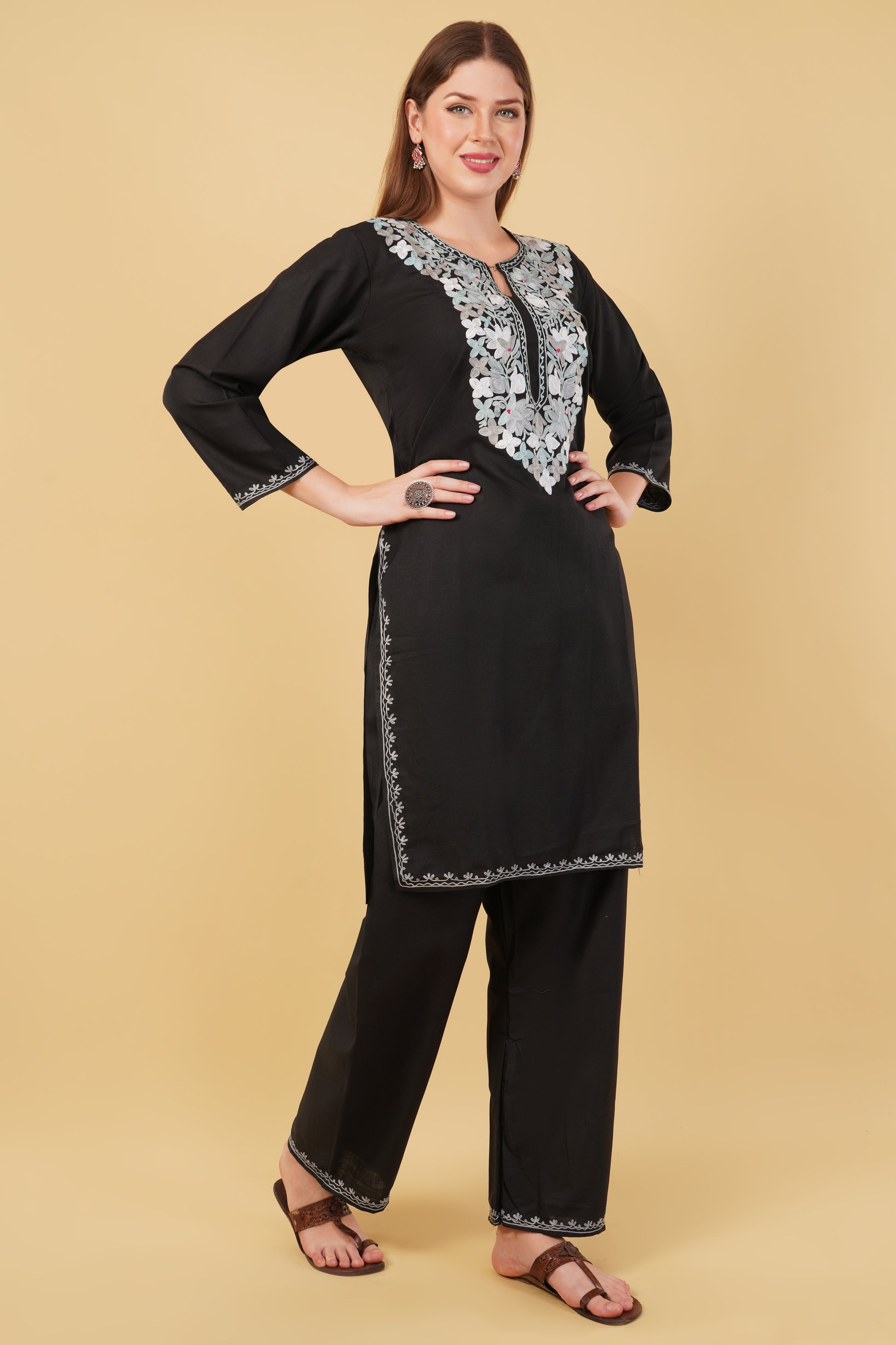 Kashmiri Aari embroidery Cotton Co-ord set Size-42 (Black)