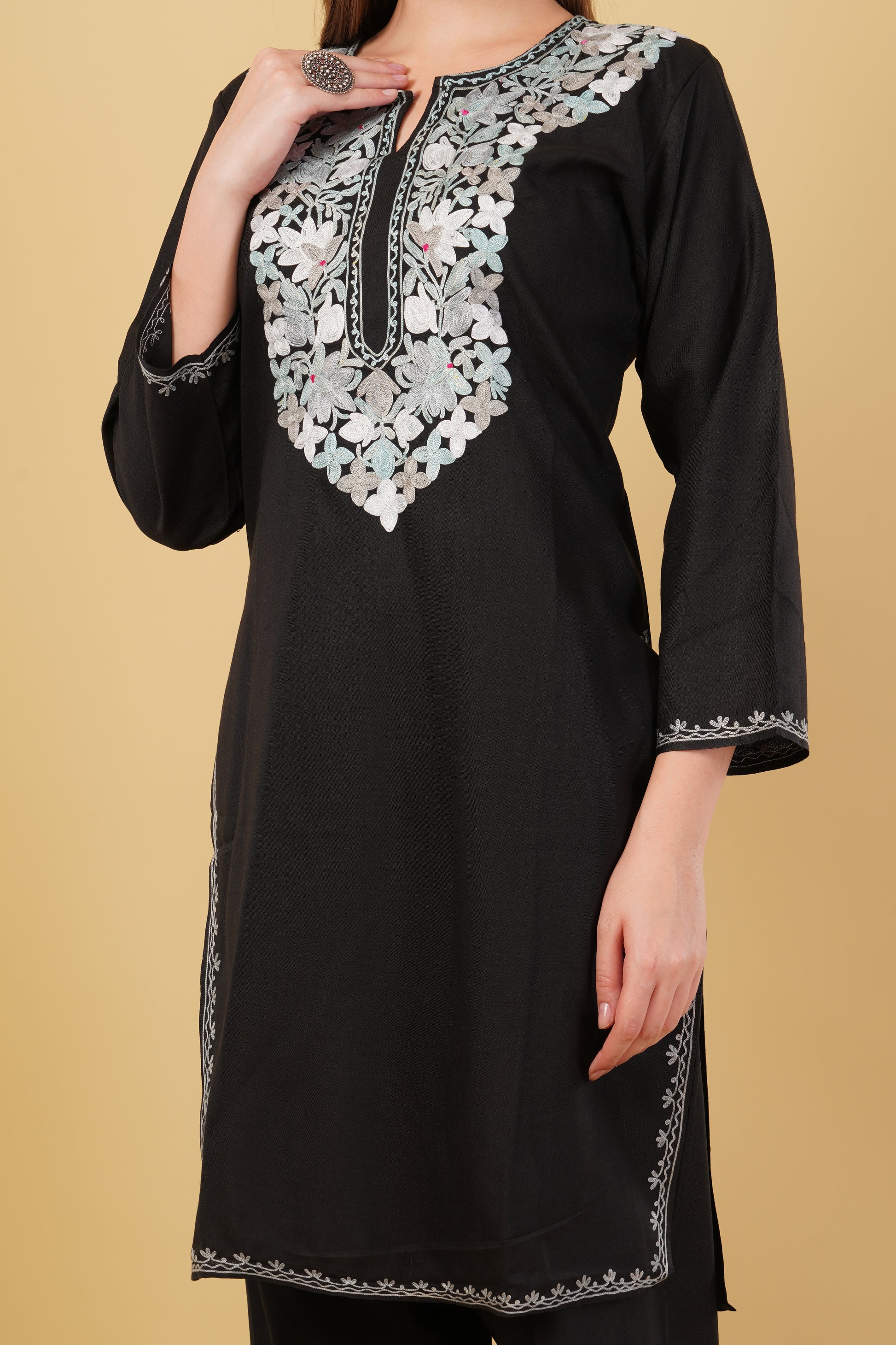 Kashmiri Aari embroidery Cotton Co-ord set Size-42 (Black)