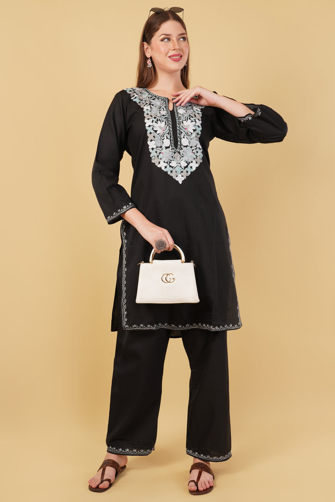 Kashmiri Aari embroidery Cotton Co-ord set Size-42 (Black)
