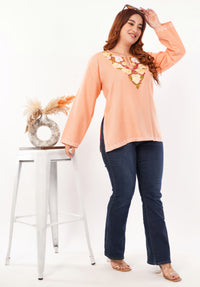 Kashmiri Aari embroidery Cotton Short Kurti Size-46 (Peach)