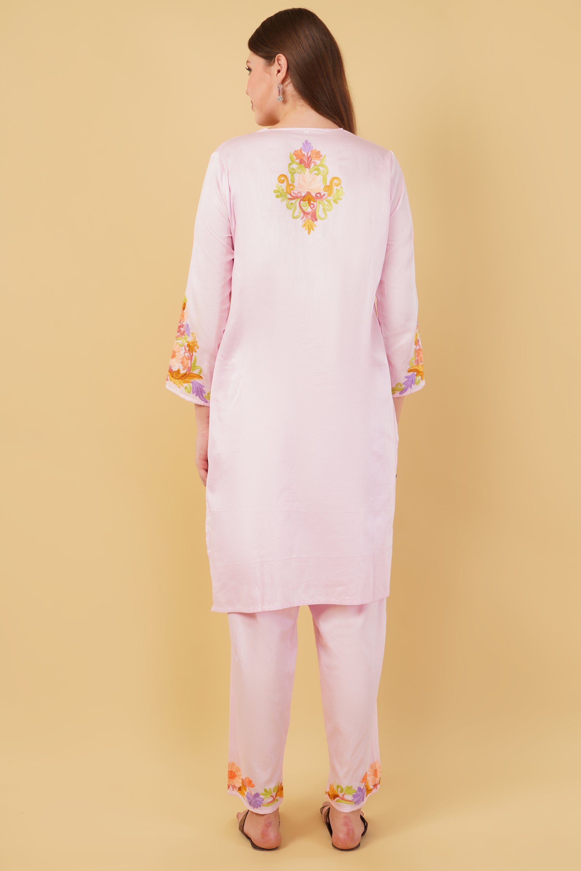 Kashmiri Aari embroidery Jaam Cotton Co-ord set Size-44 (Pink)