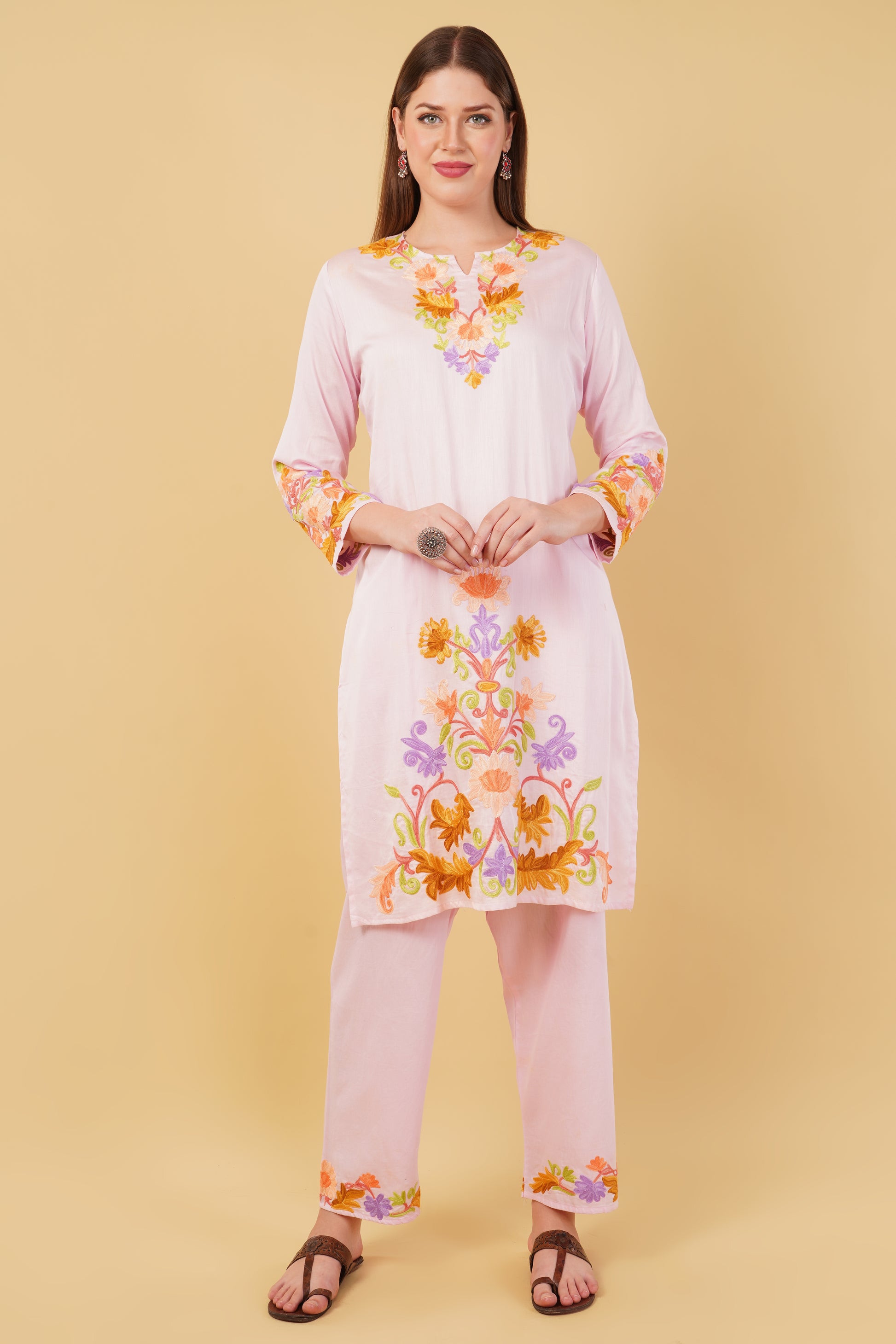 Kashmiri Aari embroidery Jaam Cotton Co-ord set Size-44 (Pink)