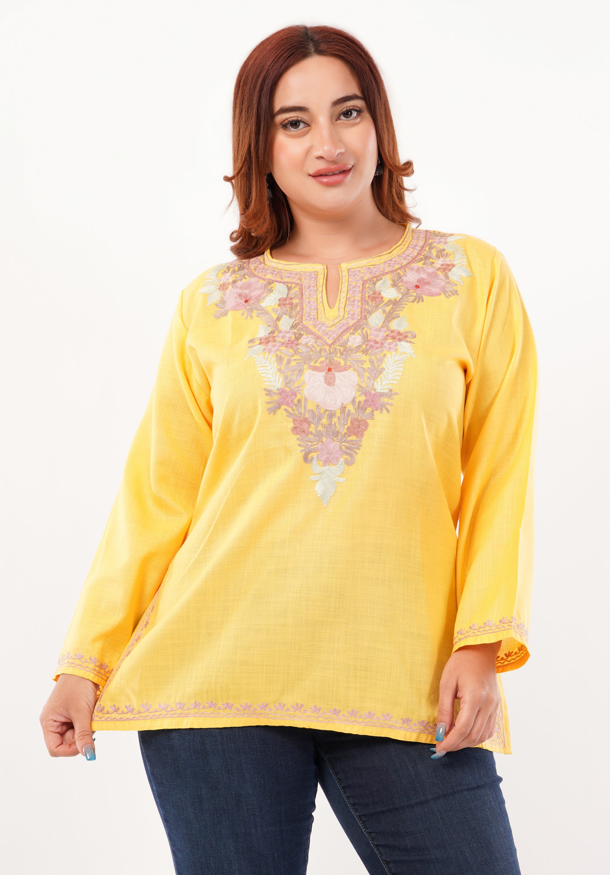 Kashmiri Aari embroidery Cotton Short Kurti Size-46 (Yellow)