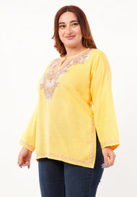 Kashmiri Aari embroidery Cotton Short Kurti Size-46 (Yellow)