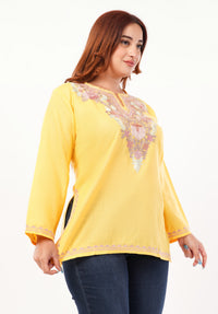 Kashmiri Aari embroidery Cotton Short Kurti Size-46 (Yellow)