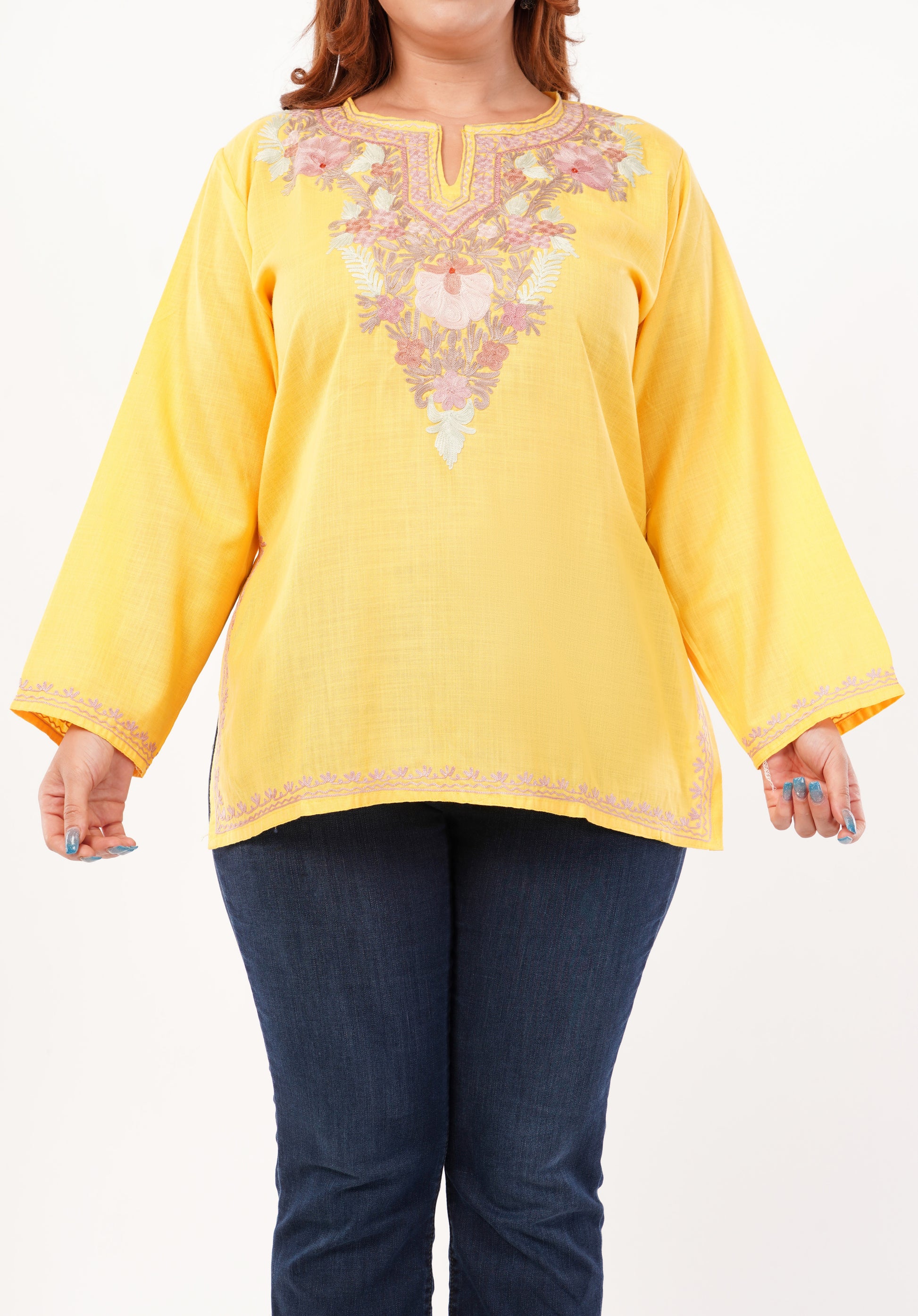 Kashmiri Aari embroidery Cotton Short Kurti Size-46 (Yellow)