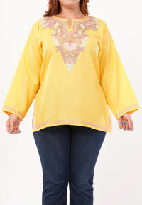 Kashmiri Aari embroidery Cotton Short Kurti Size-46 (Yellow)