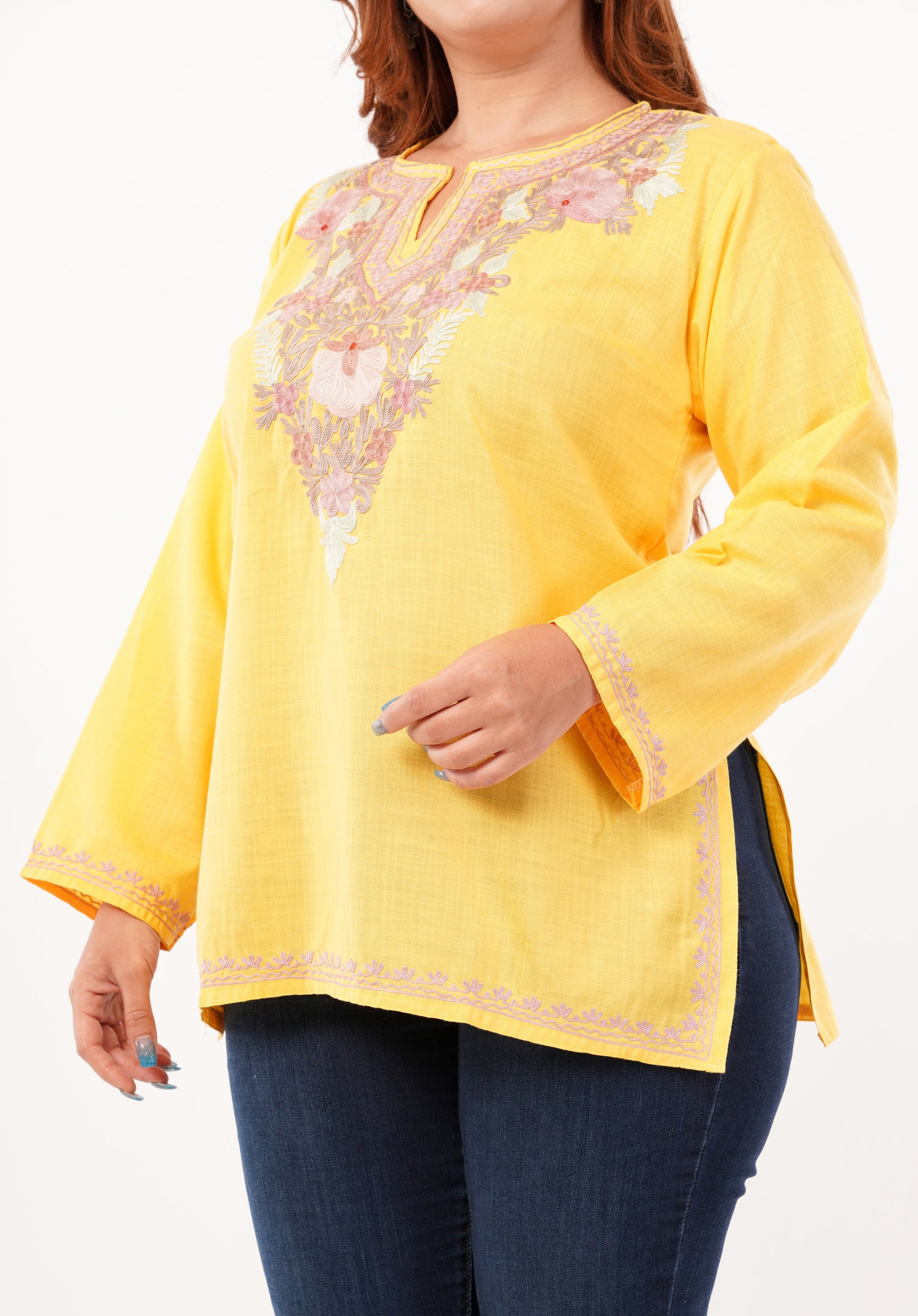 Kashmiri Aari embroidery Cotton Short Kurti Size-46 (Yellow)