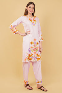 Kashmiri Aari embroidery Jaam Cotton Co-ord set Size-44 (Pink)