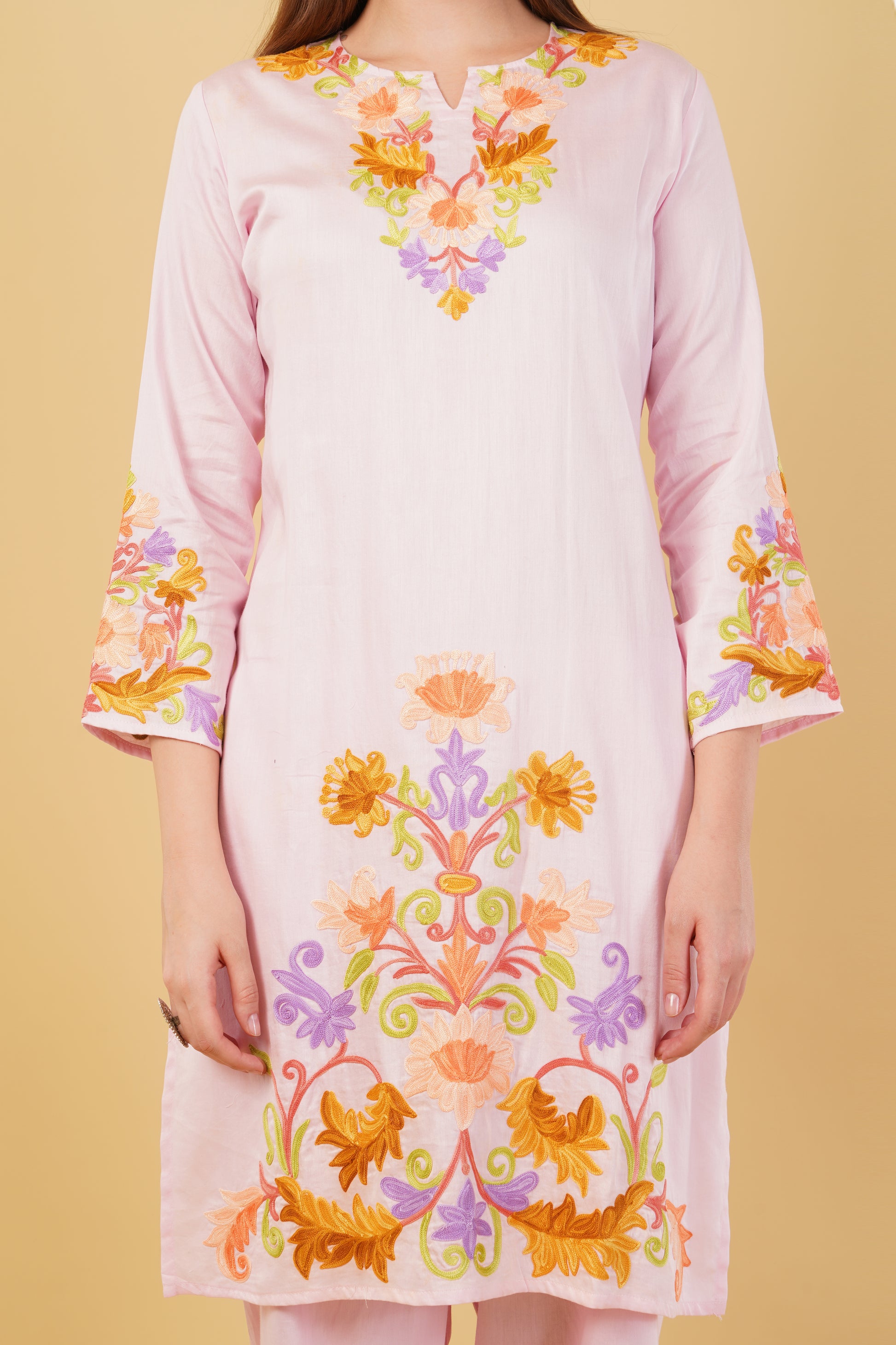 Kashmiri Aari embroidery Jaam Cotton Co-ord set Size-44 (Pink)