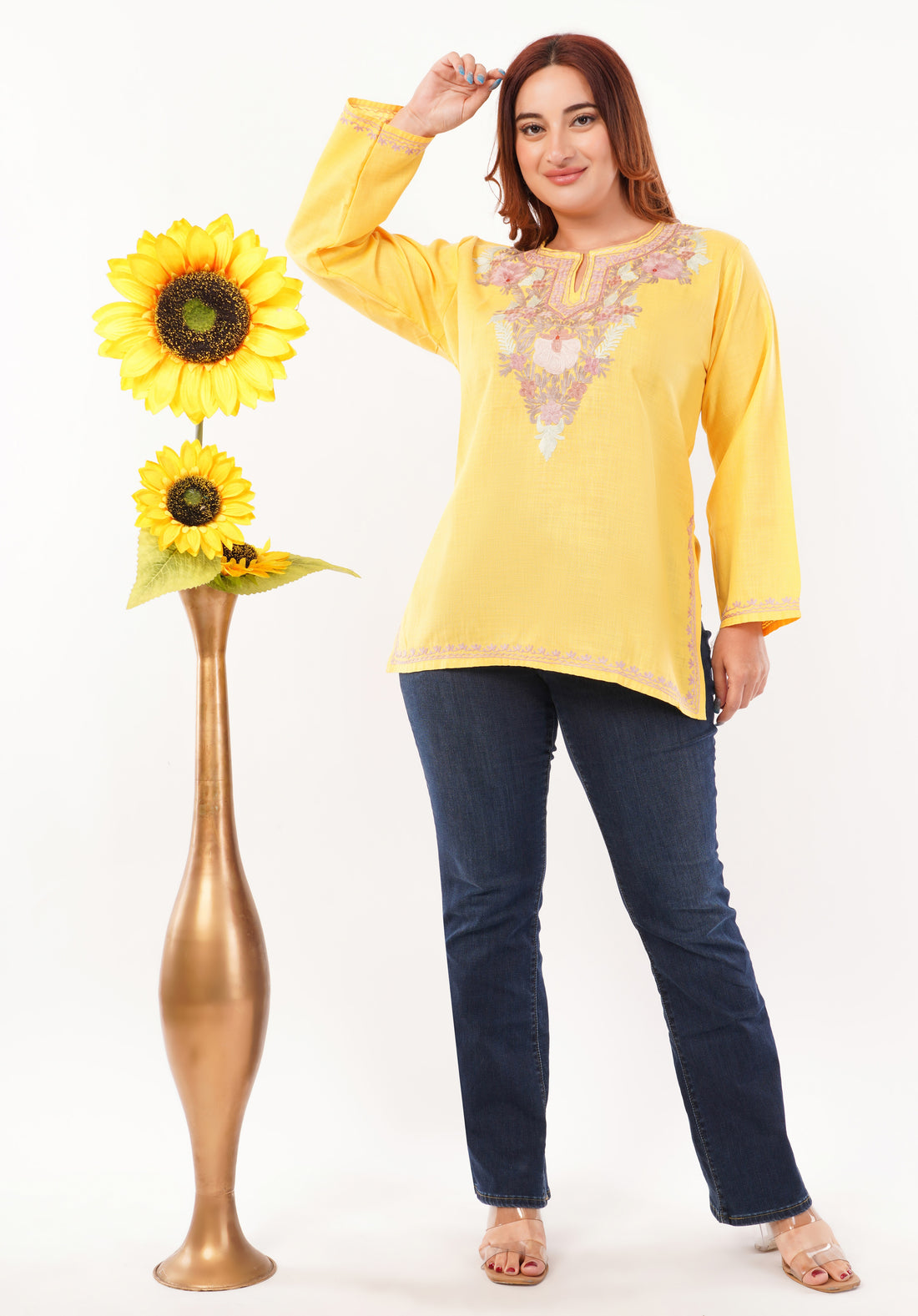 Kashmiri Aari embroidery Cotton Short Kurti Size-46 (Yellow)