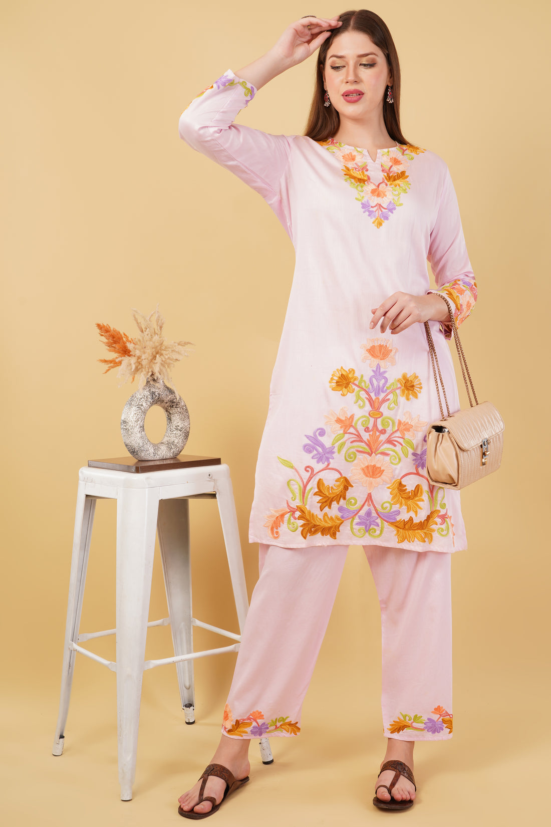 Kashmiri Aari embroidery Jaam Cotton Co-ord set Size-44 (Pink)