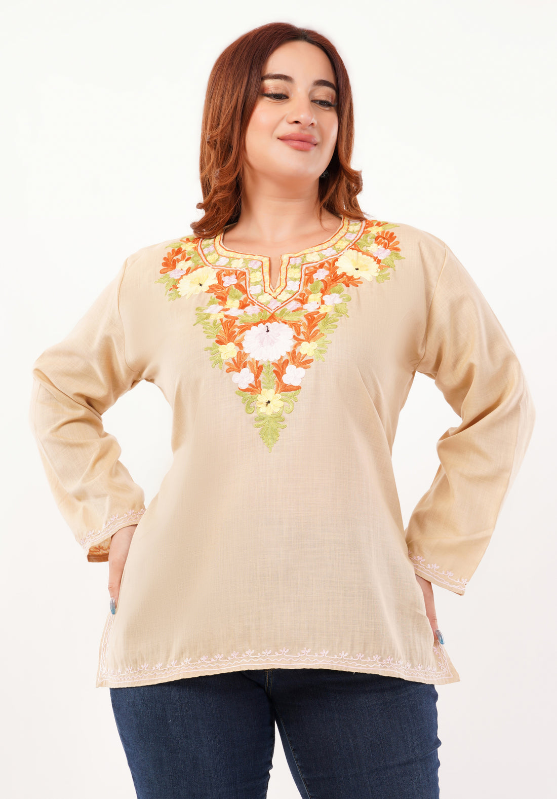 Kashmiri Aari embroidery Cotton Short Kurti Size-46 (Beige)