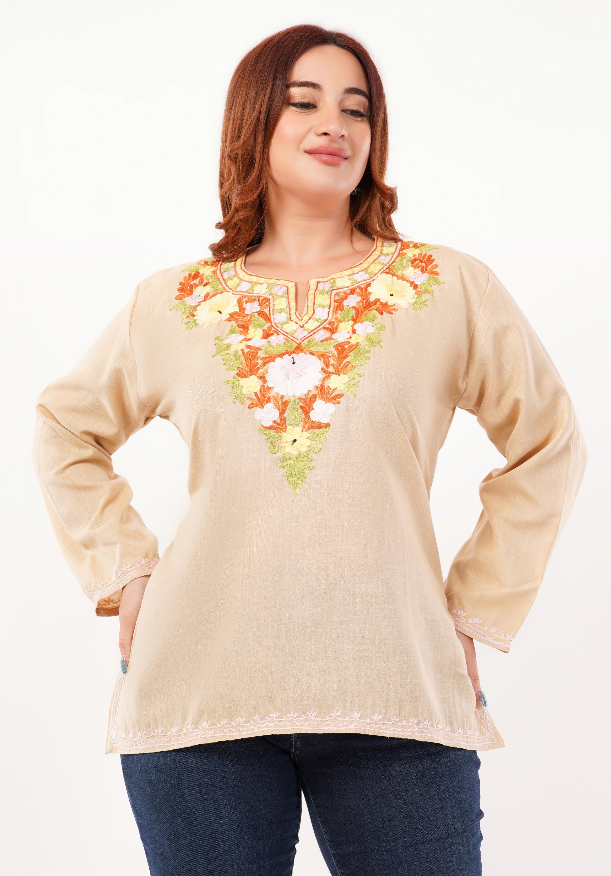 Kashmiri Aari embroidery Cotton Short Kurti Size-46 (Beige)