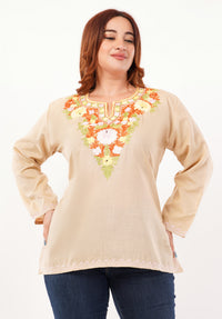 Kashmiri Aari embroidery Cotton Short Kurti Size-46 (Beige)