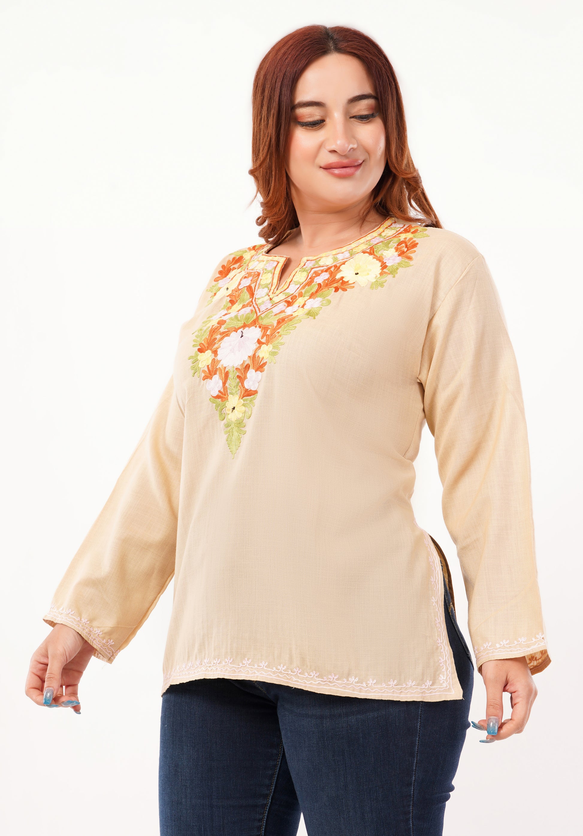 Kashmiri Aari embroidery Cotton Short Kurti Size-46 (Beige)