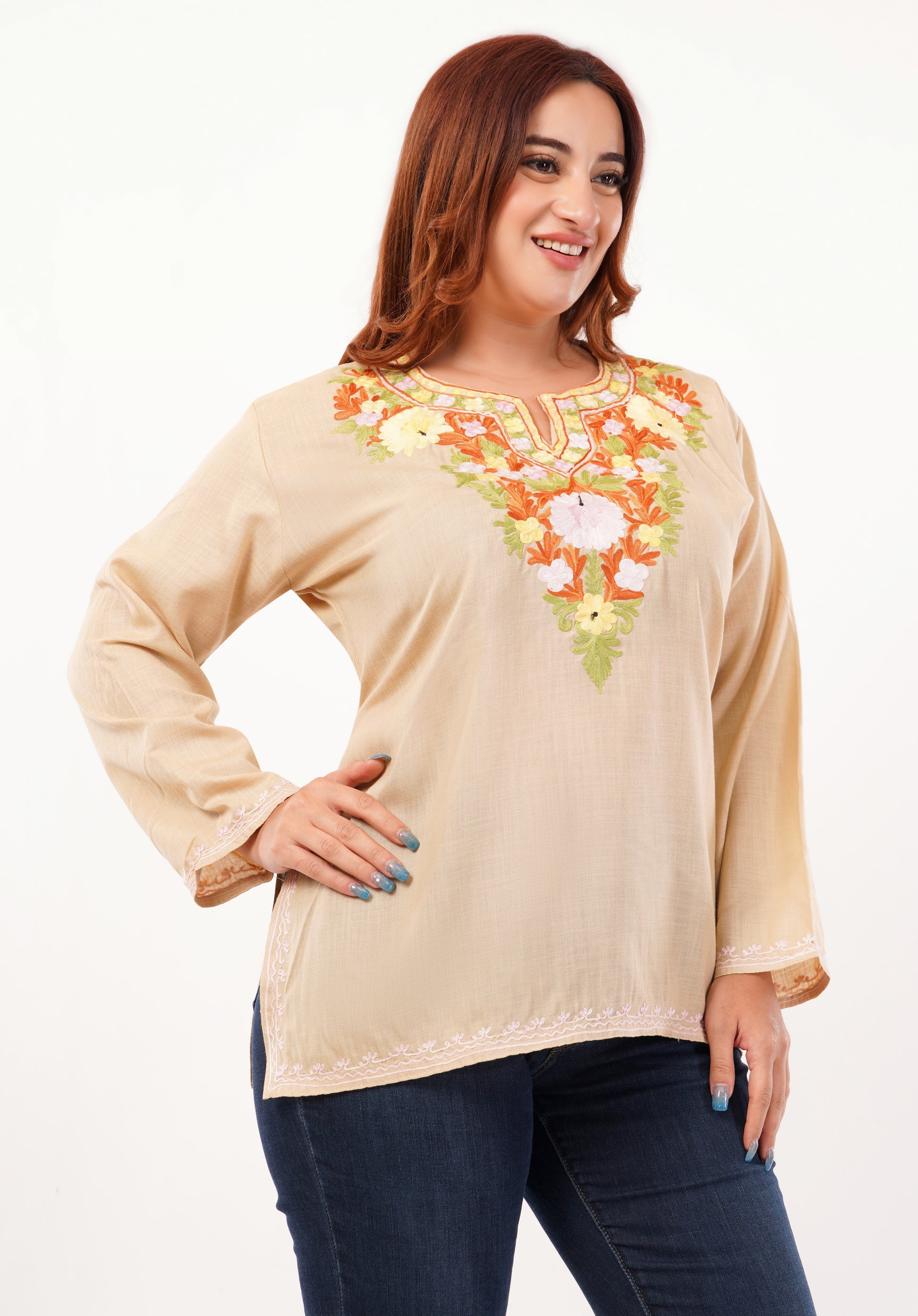 Kashmiri Aari embroidery Cotton Short Kurti Size-46 (Beige)