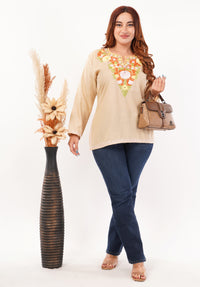 Kashmiri Aari embroidery Cotton Short Kurti Size-46 (Beige)