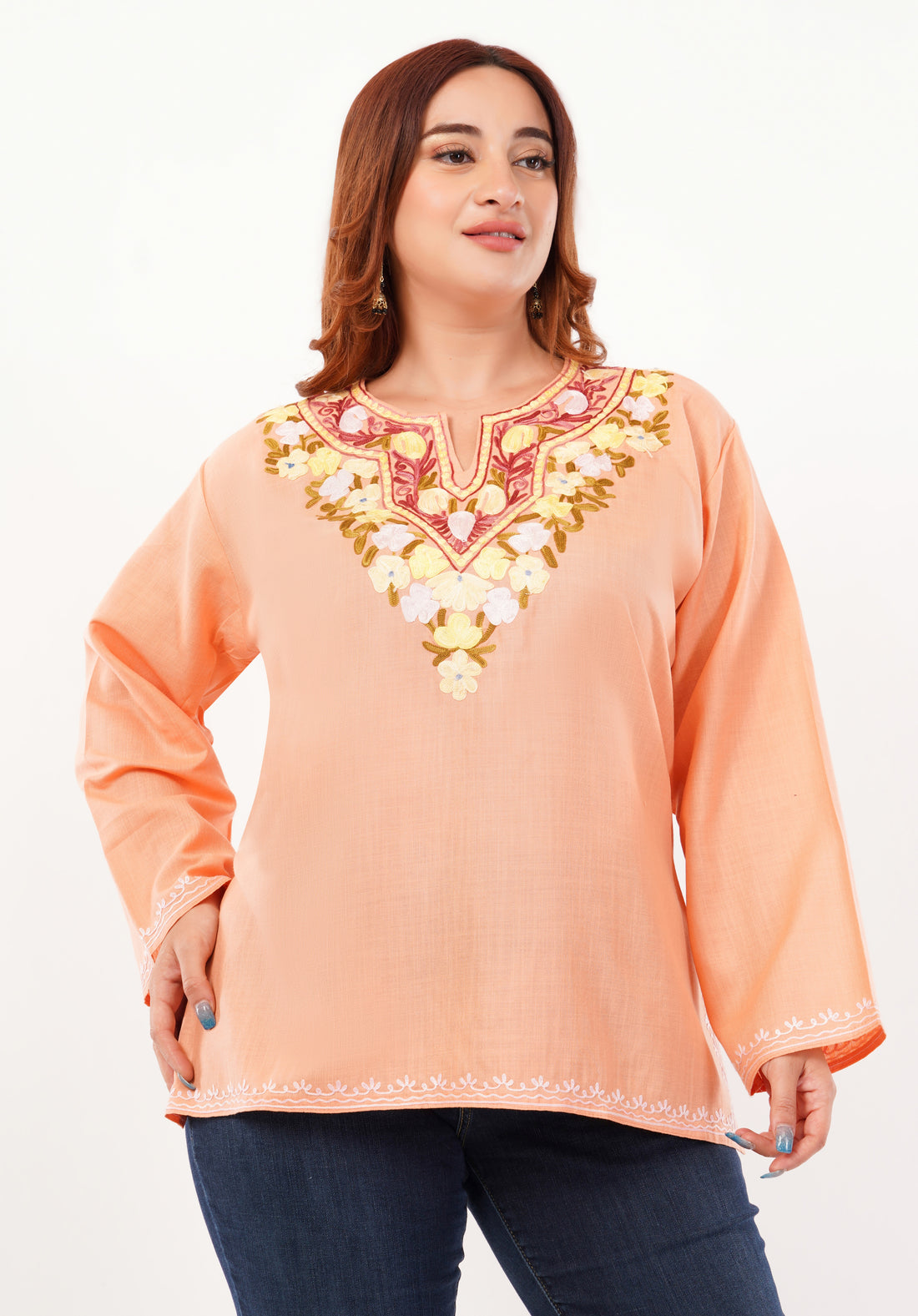 Kashmiri Aari embroidery Cotton Short Kurti Size-46 (Peach)