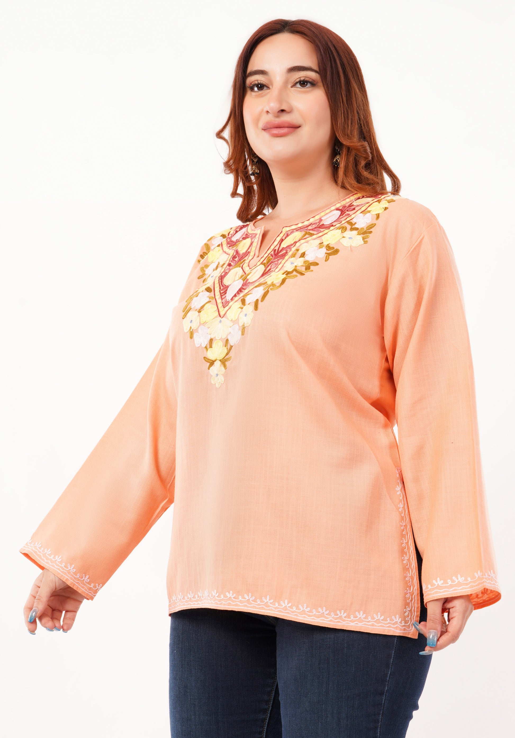 Kashmiri Aari embroidery Cotton Short Kurti Size-46 (Peach)