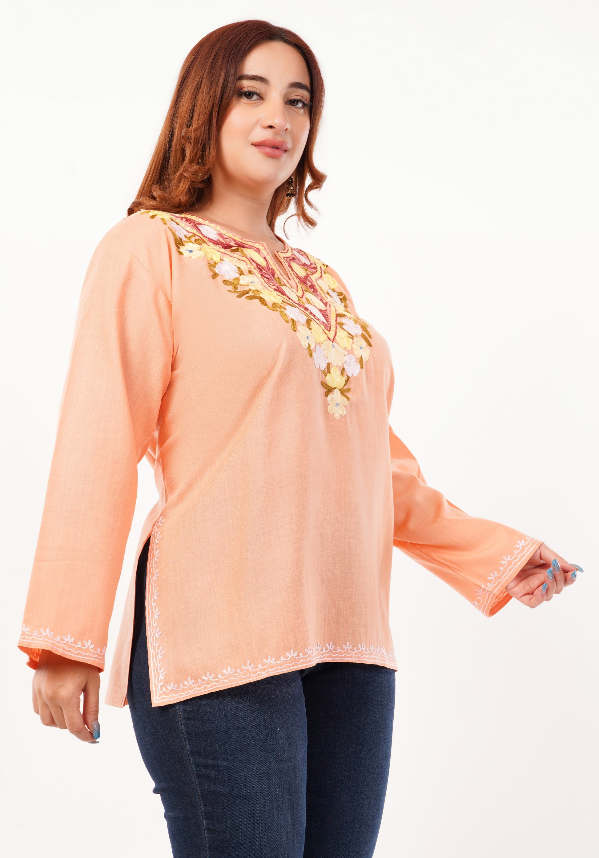 Kashmiri Aari embroidery Cotton Short Kurti Size-46 (Peach)
