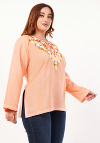 Kashmiri Aari embroidery Cotton Short Kurti Size-46 (Peach)