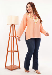 Kashmiri Aari embroidery Cotton Short Kurti Size-46 (Peach)