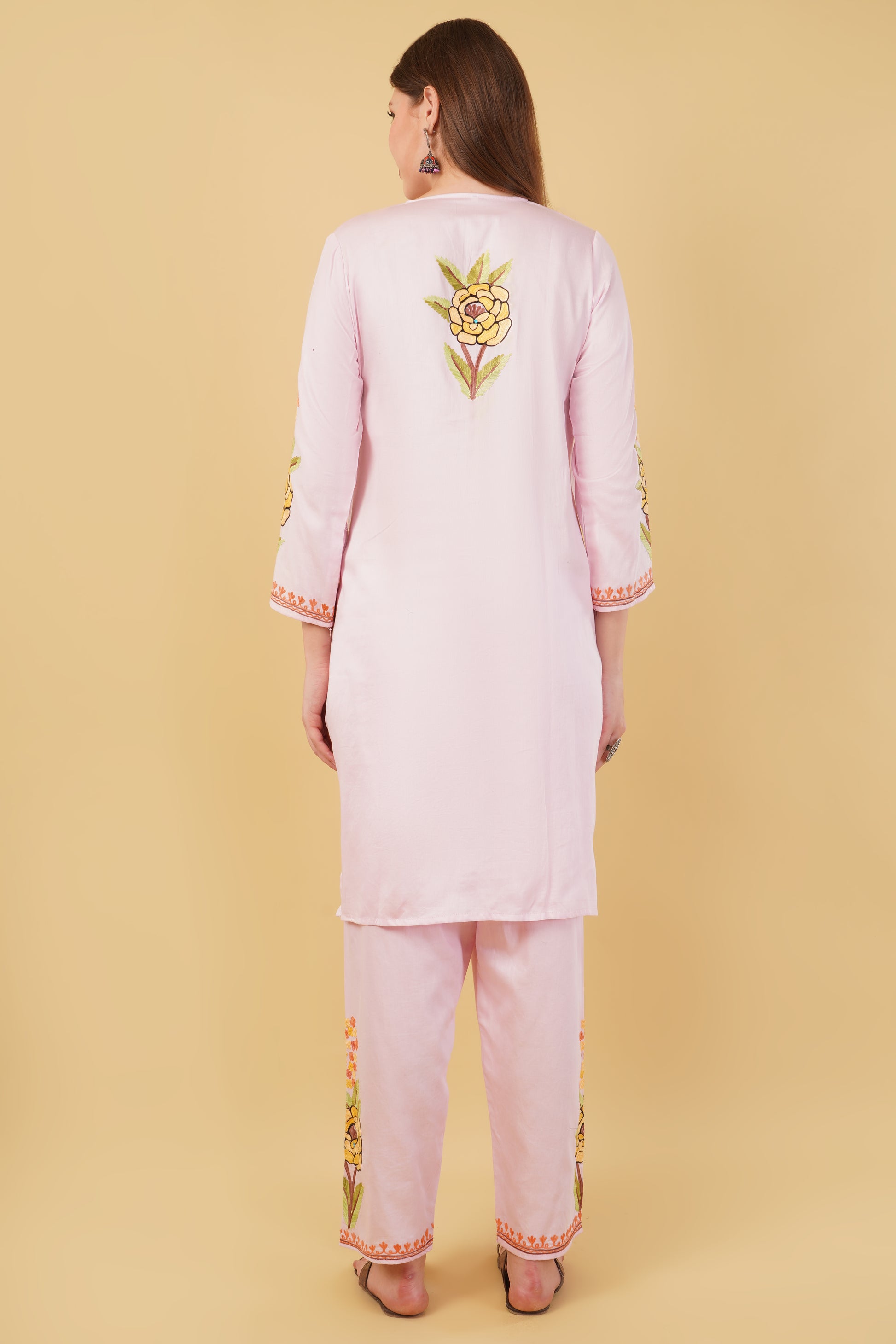 Kashmiri Aari embroidery Jaam Cotton Co-ord set Size-44 (Pink)