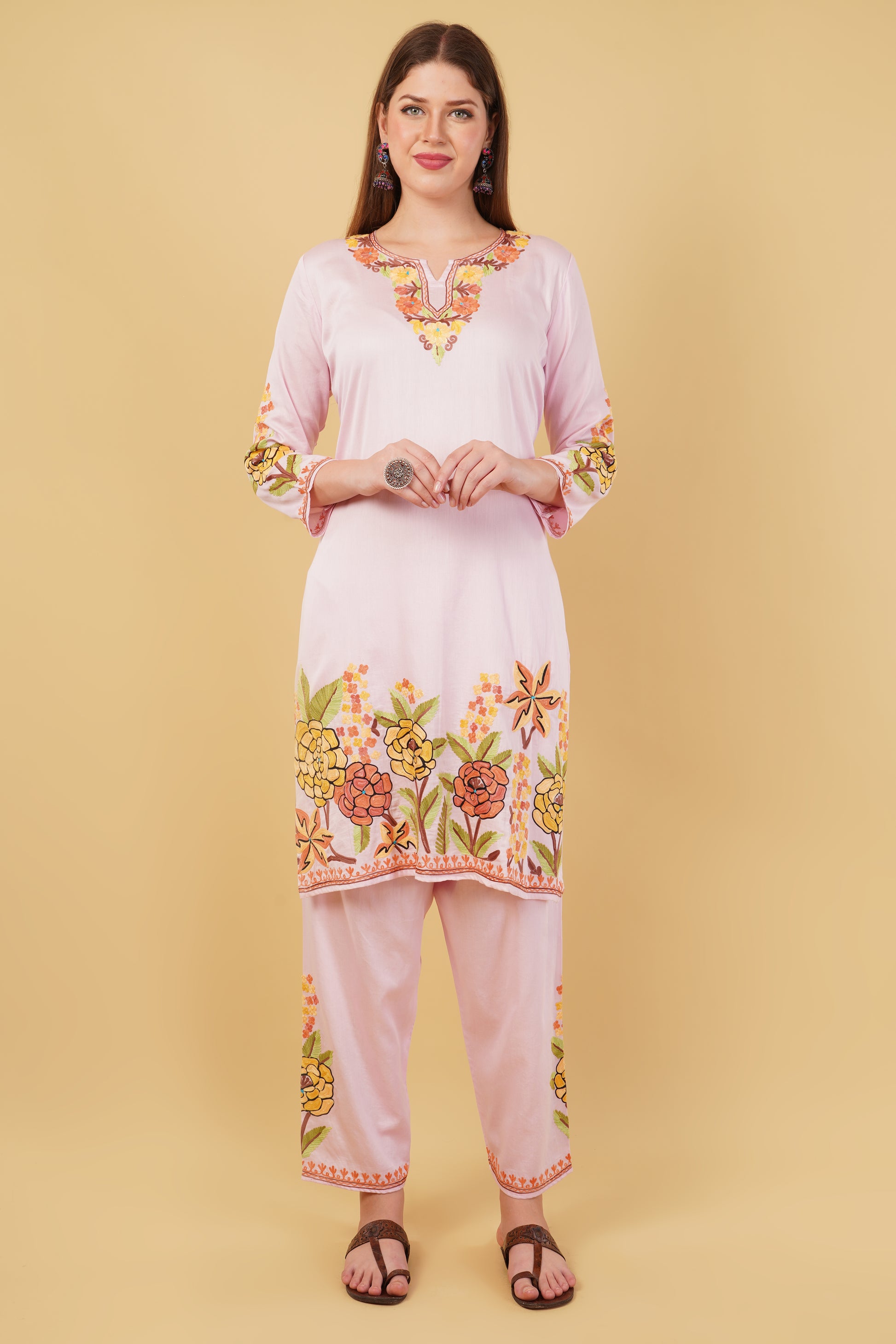 Kashmiri Aari embroidery Jaam Cotton Co-ord set Size-44 (Pink)
