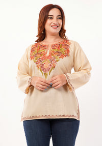 Kashmiri Aari embroidery Cotton Short Kurti Size-46 (Beige)