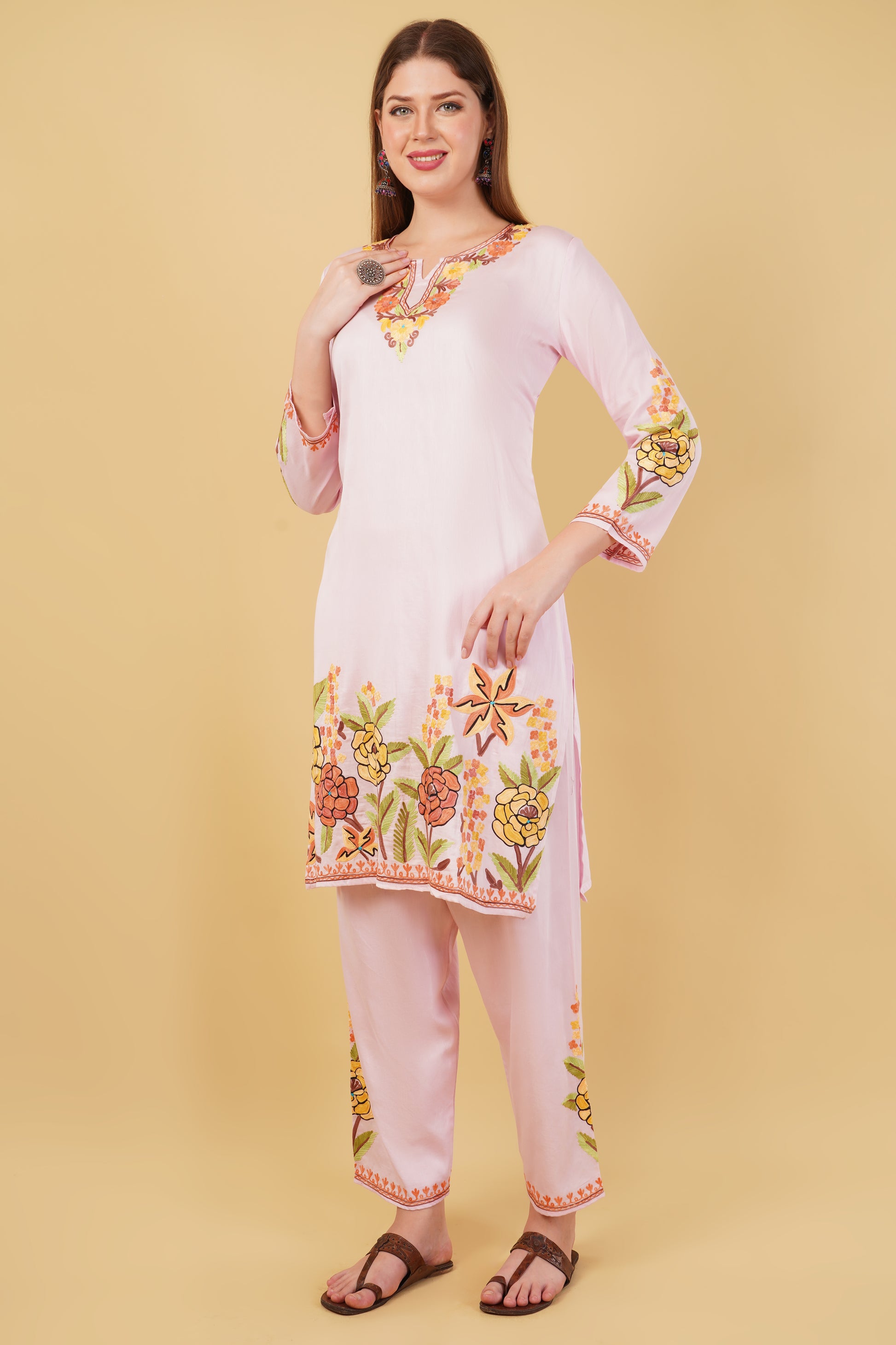 Kashmiri Aari embroidery Jaam Cotton Co-ord set Size-44 (Pink)
