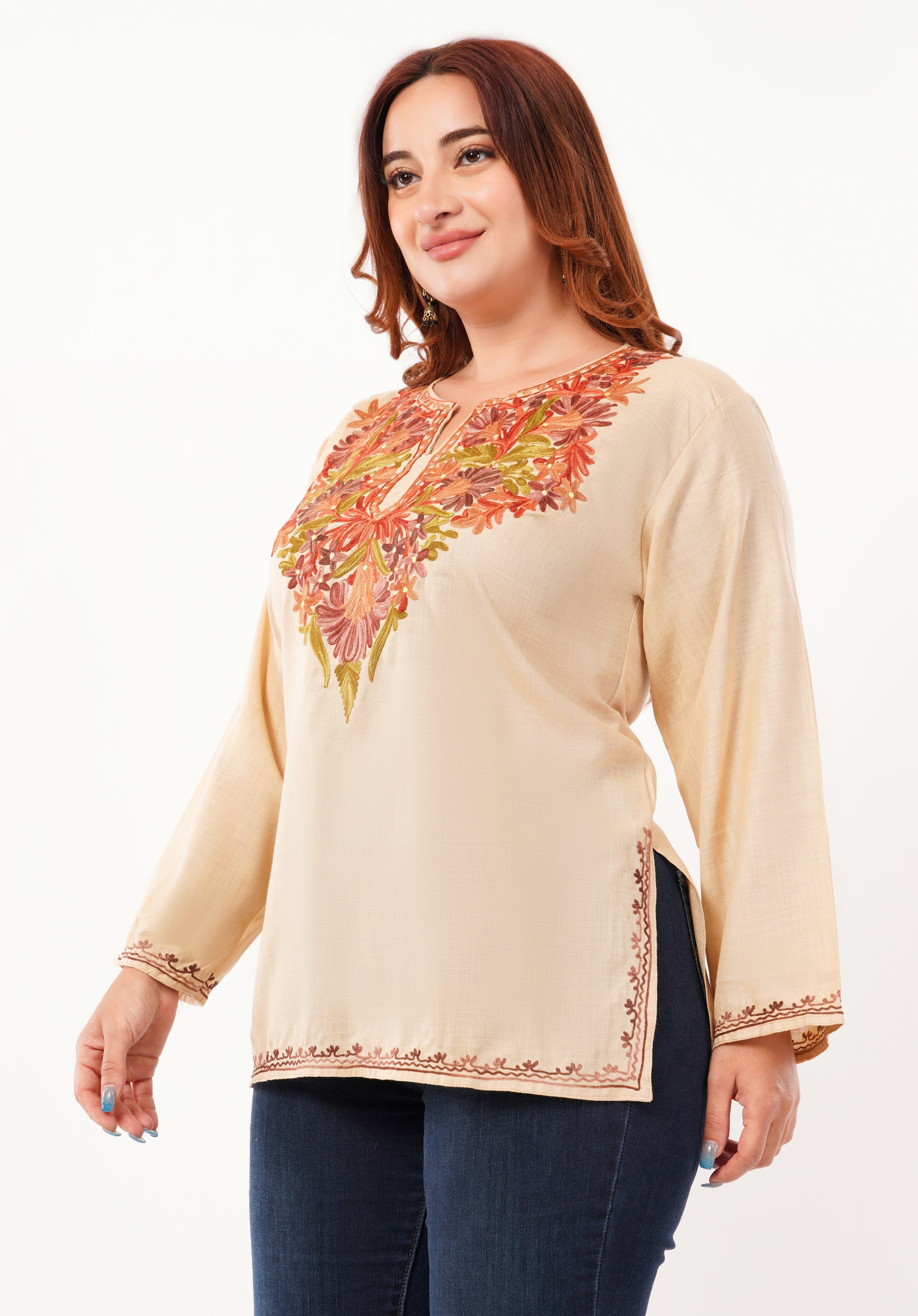 Kashmiri Aari embroidery Cotton Short Kurti Size-46 (Beige)
