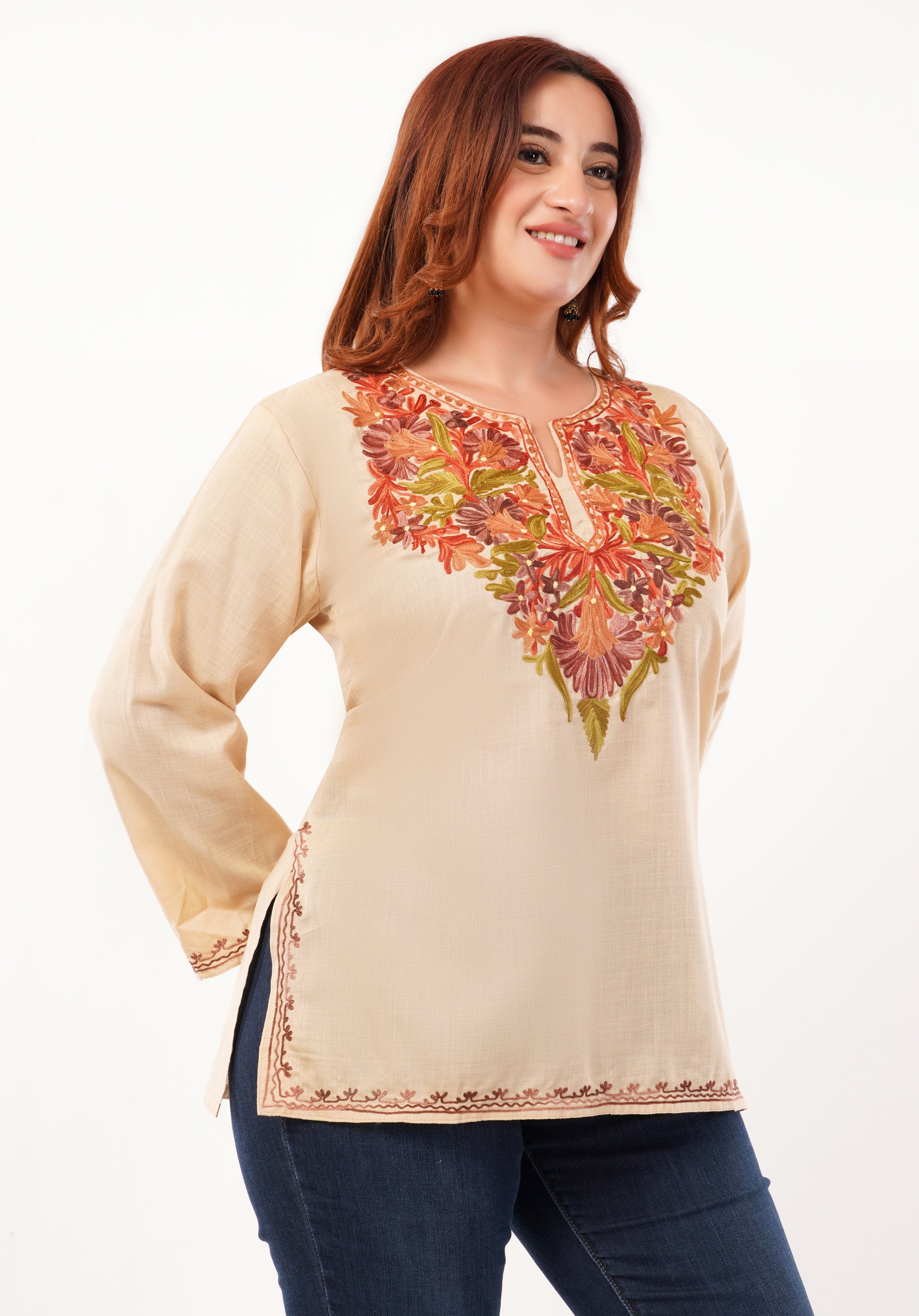 Kashmiri Aari embroidery Cotton Short Kurti Size-46 (Beige)