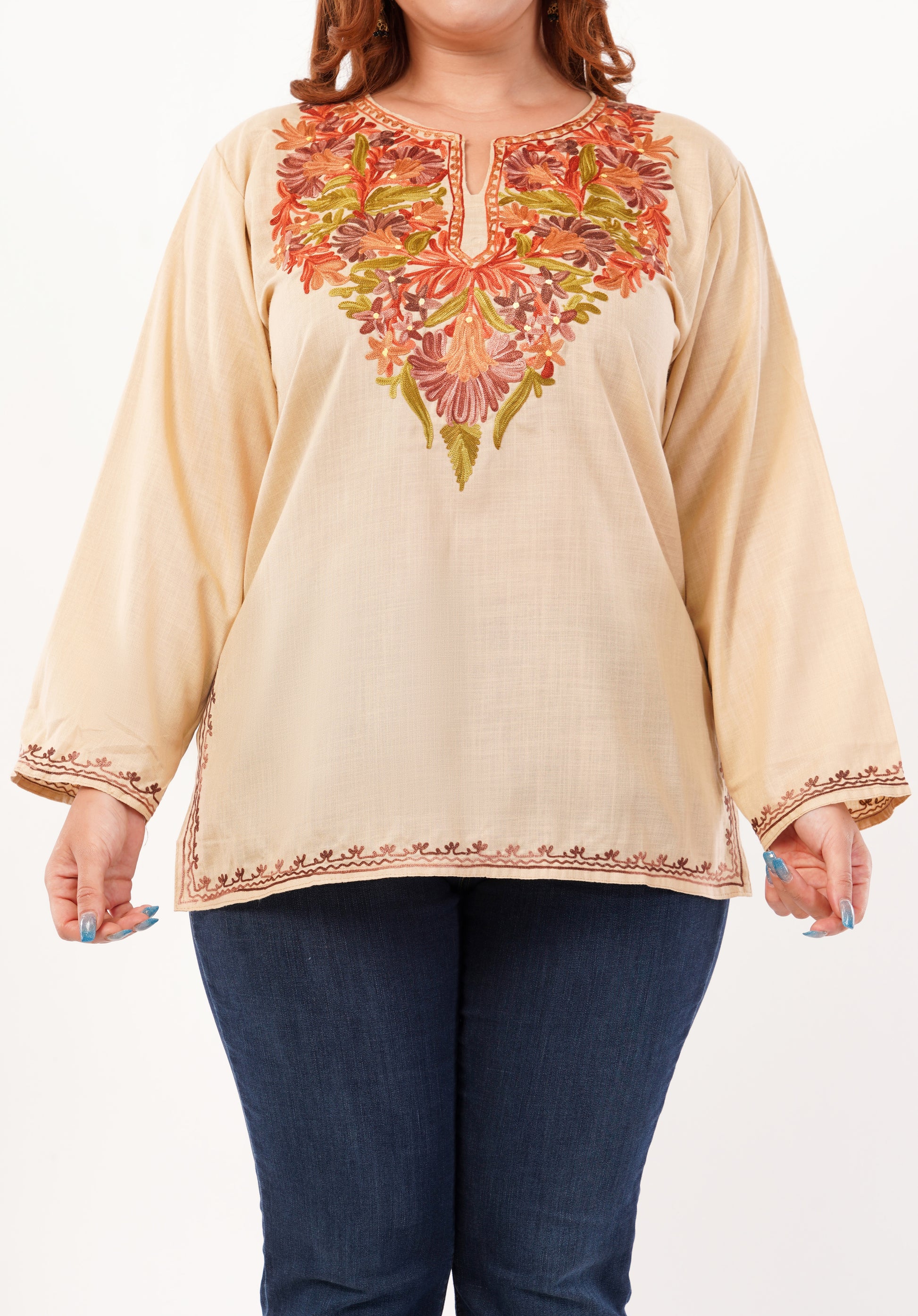 Kashmiri Aari embroidery Cotton Short Kurti Size-46 (Beige)