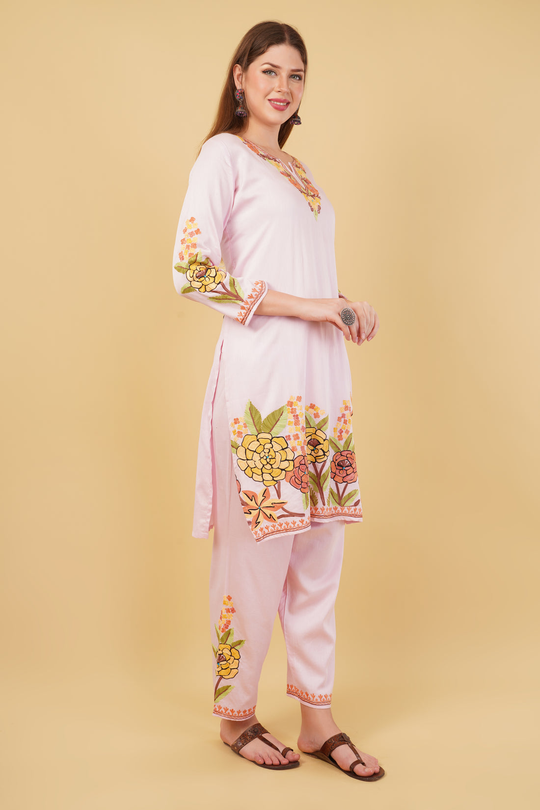Kashmiri Aari embroidery Jaam Cotton Co-ord set Size-44 (Pink)