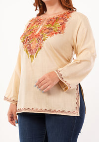 Kashmiri Aari embroidery Cotton Short Kurti Size-46 (Beige)